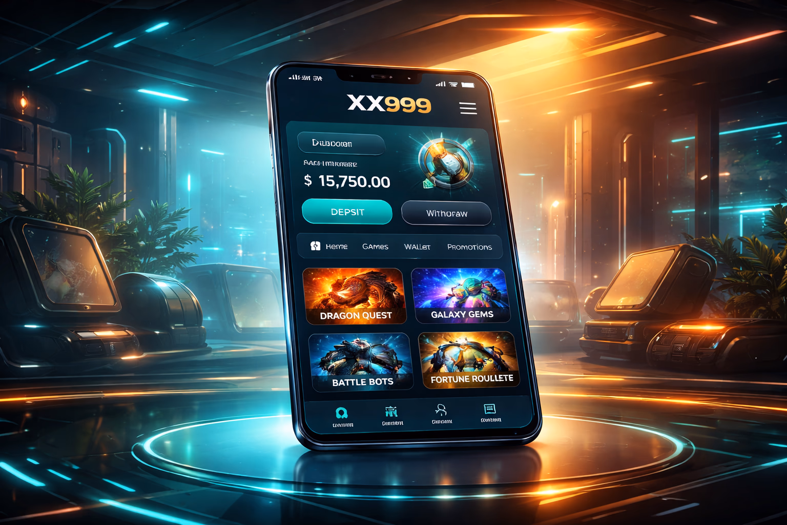Modern smartphone displaying the XX999 app with casino visuals, secure account tools, and bright gaming elements in a stylish mobile scene