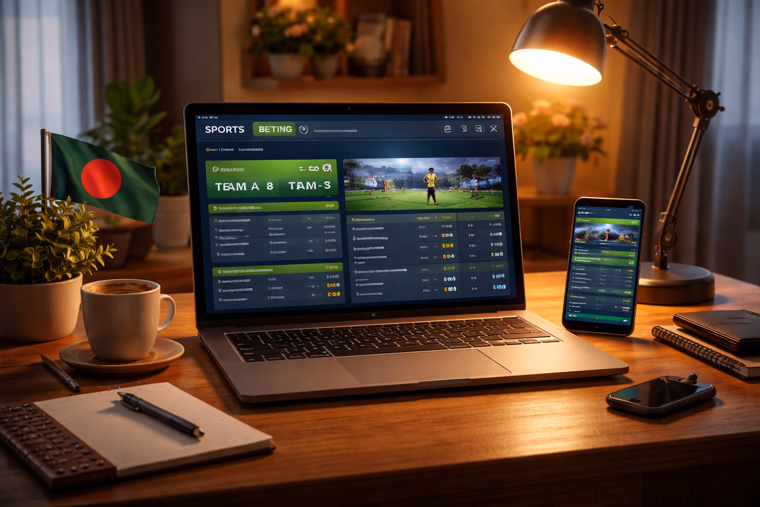 Modern XX999 sports betting screen with cricket match statistics and live football odds in a comfortable Bangladesh home setup