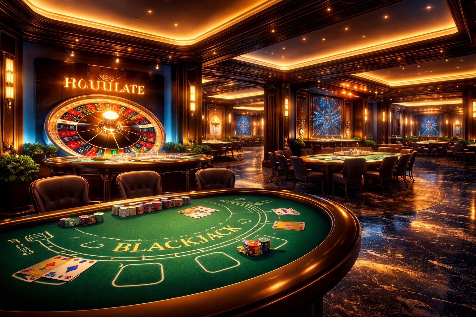 Elegant online casino scene with illuminated card table and reel games in a premium digital setting