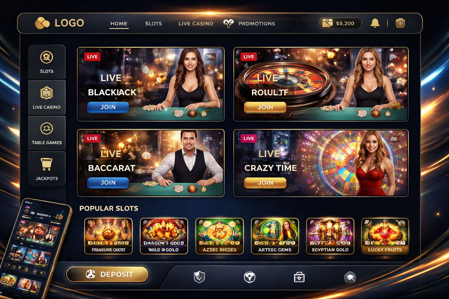 Premium online casino dashboard with glowing roulette wheel, card table visuals and polished user interface