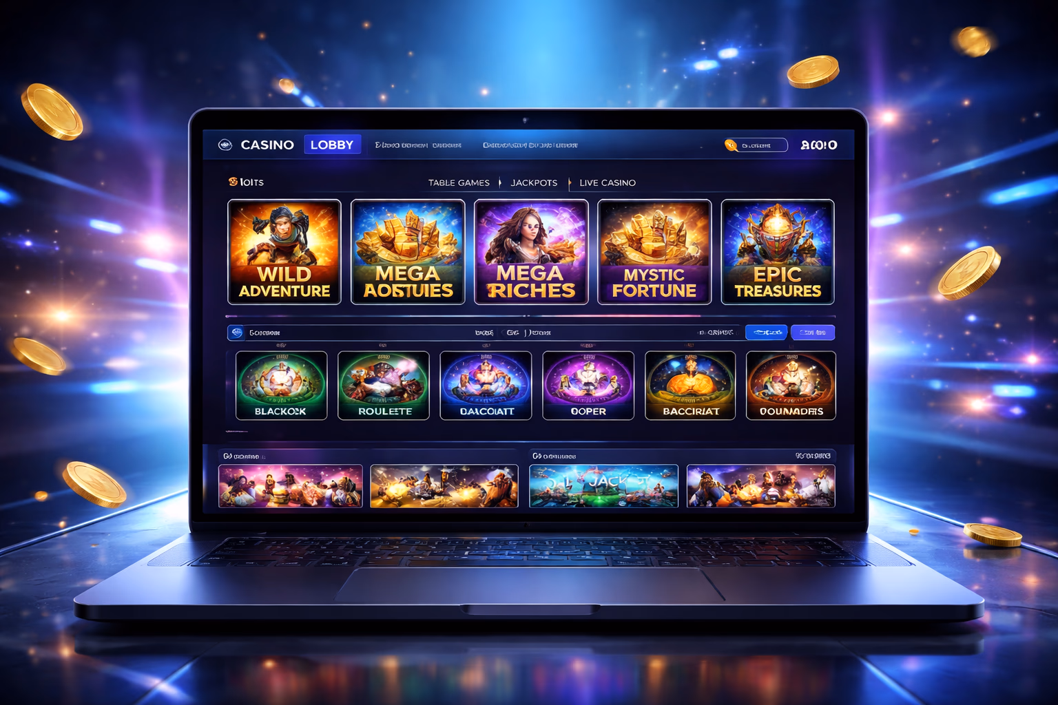 Modern laptop displaying dynamic casino game categories from XX999 with glowing interface elements and rich colours