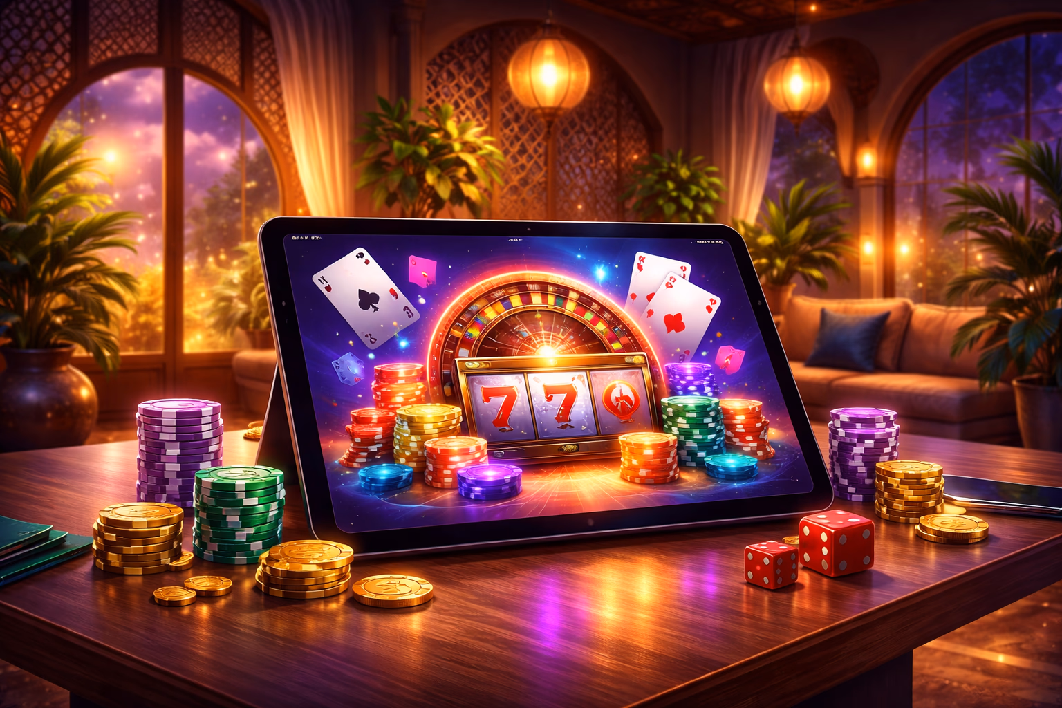 Stylish online casino environment with a player using a tablet, glowing interface details and XX999-inspired gaming ambience