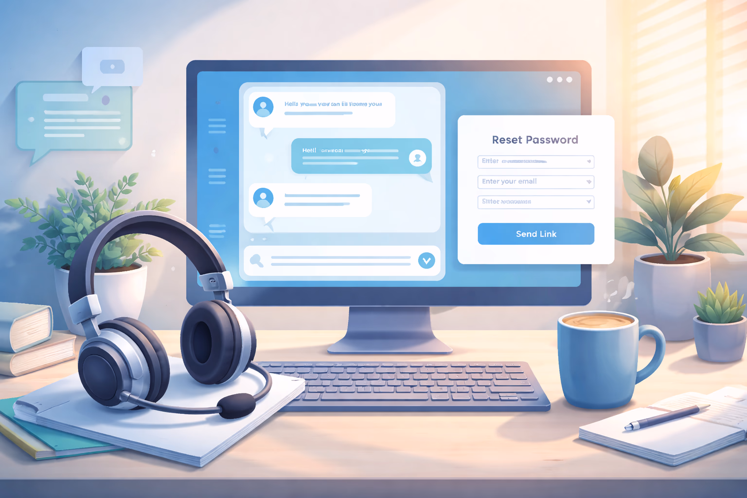 Helpful customer assistance scene for XX999 login recovery with support dashboard and calm lighting