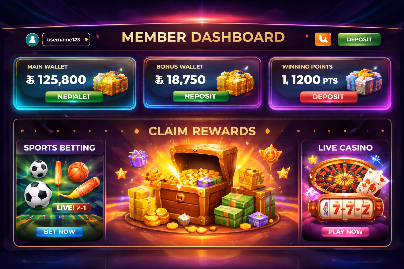 Member dashboard view highlighting XX999 account benefits, wallet tools, rewards and gaming access